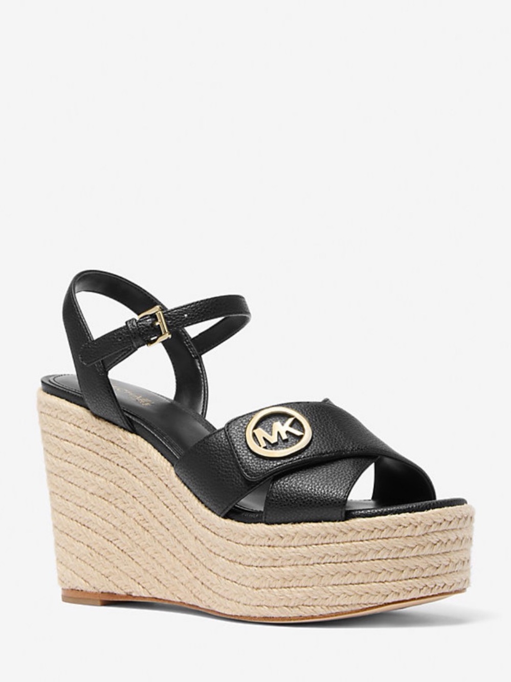 Michael Kors Black Leather Platform Espadrille Wedges with MK Medallion